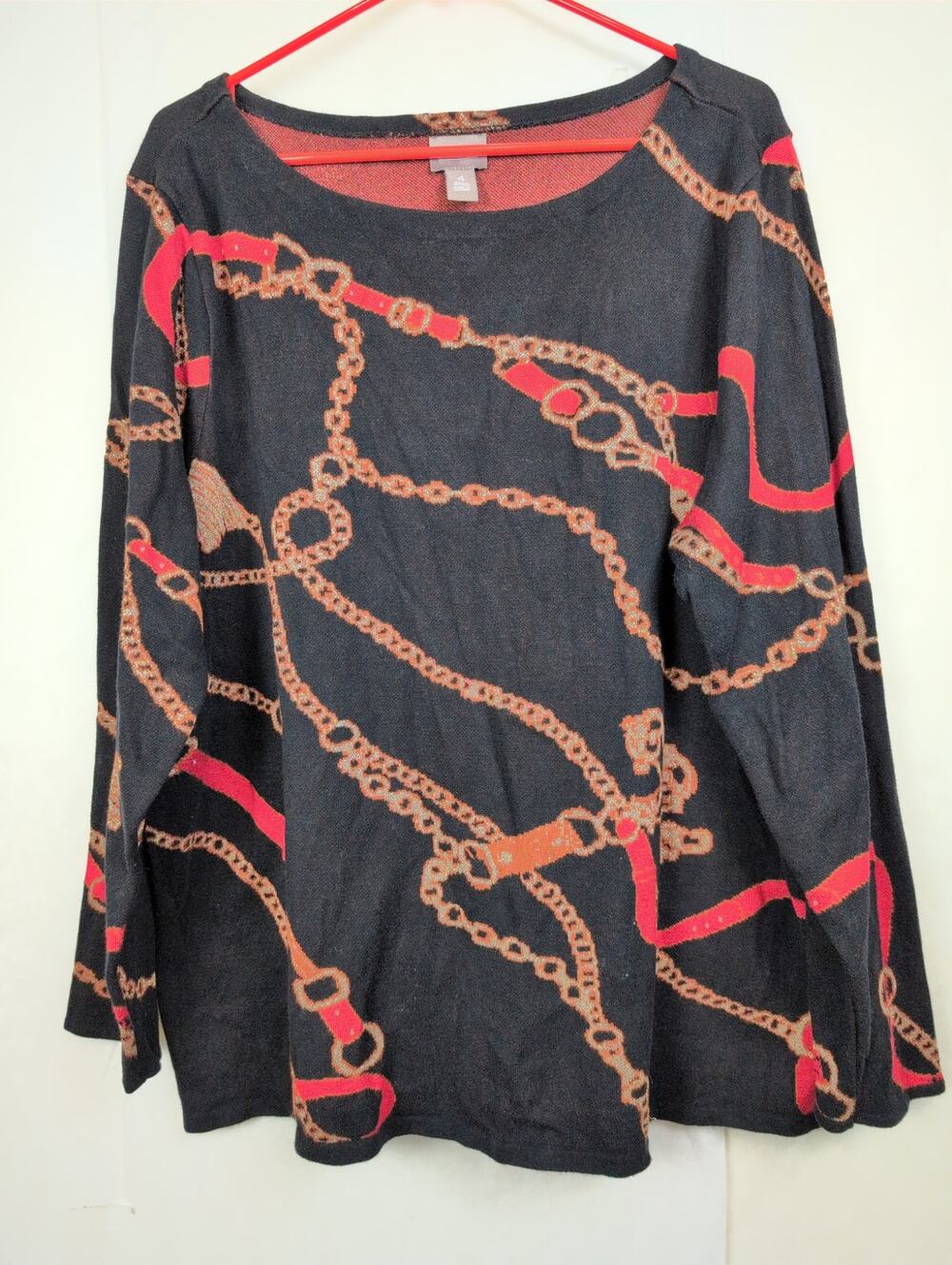 Chicos black metallic equestrian print knit top Size 4/XXL Bridle Glam Old Money